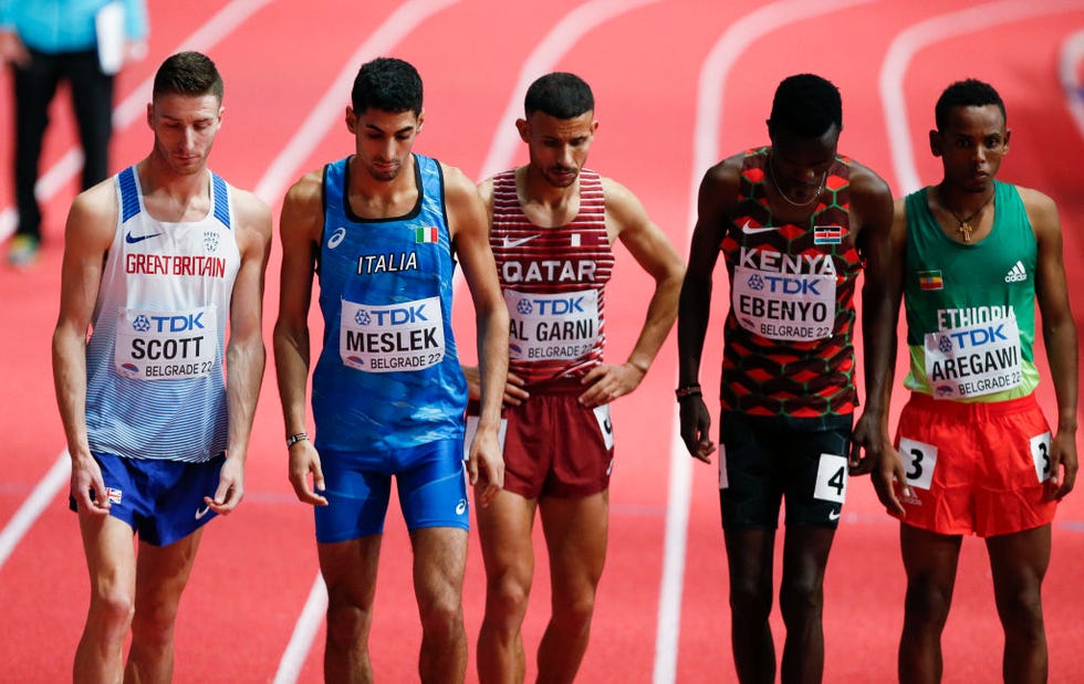 belgrade, serbia march 18 daniel ebenyo of kenya, berihu aregawi of ethiopia, ossama meslek of italy, marc scott of great britain during the world athletics indoor championships belgrade 2022 day one at belgrade arena on march 18, 2022 in belgrade, serbia photo by nikola krsticmb mediagetty images