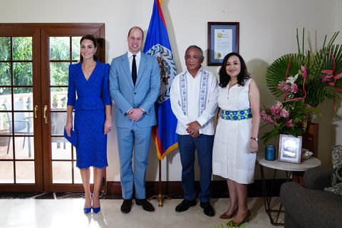 belize city, belize   march 19 catherine, duchess of cambridge and prince william, duke of cambridge meet the prime minister of belize johnny briceno and wife rossana briceno, at the laing building, belize city, as they begin their tour of the caribbean on behalf of the queen to mark her platinum jubilee, on march 19, 2022 in belize city, belize photo by jane barlow   poolgetty images