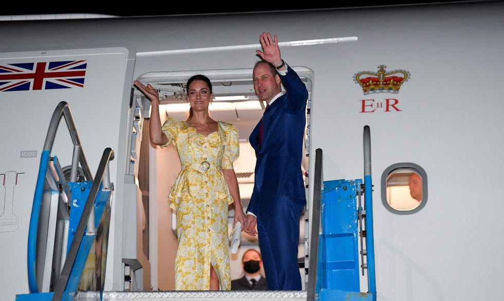 nassau, bahamas   march 26 catherine, duchess of cambridge and prince william, duke of cambridge wave from their aircraft during the departure ceremony at lynden pindling international airport on march 26, 2022 in nassau, bahamas, at the end of their eight day tour the duke and duchess of cambridge have visited belize, jamaica and the bahamas on behalf of her majesty the queen on the occasion of the platinum jubilee  photo by toby melville   poolgetty images