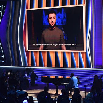 ukraine's president volodymyr zelenskyy appears on screen during the 64th annual grammy awards at the mgm grand garden arena in las vegas on april 3, 2022 photo by valerie macon  afp photo by valerie maconafp via getty images