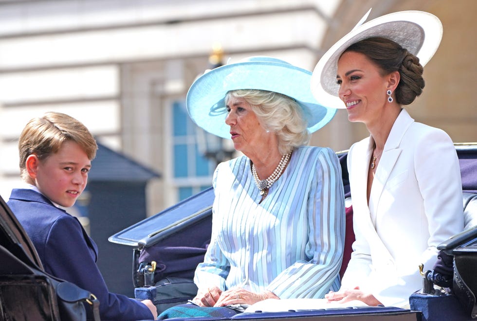 london, england   june 02 prince george, camilla, camilla, duchess of cornwall and catherine, duchess of cambridge during the trooping the colour parade on june 02, 2022 in london, england trooping the colour, also known as the queen's birthday parade, is a military ceremony performed by regiments of the british army that has taken place since the mid 17th century it marks the official birthday of the british sovereign this year, from june 2 to june 5, 2022, there is the added celebration of the platinum jubilee of elizabeth ii  in the uk and commonwealth to mark the 70th anniversary of her accession to the throne on 6 february 1952 photo by jonathan brady   wpa poolgetty images