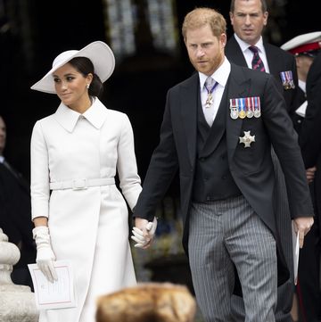 london, england june 03 prince harry, duke of sussex and meghan, duchess of sussex leaving the national service of thanksgiving to celebrate the platinum jubilee of her majesty the queen at st pauls cathedral on june 3, 2022 in london, england the platinum jubilee of elizabeth ii is being celebrated from june 2 to june 5, 2022, in the uk and commonwealth to mark the 70th anniversary of the accession of queen elizabeth ii on 6 february 1952 photo by humphrey nemar wpa poolgetty images