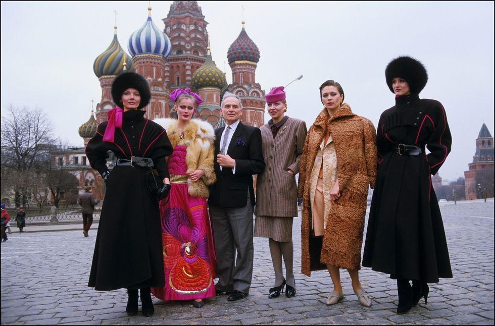 russia   april 20  fashion designer pierre cardin presents his collection in moscow, russia on april 20, 1986  photo by daniel simongamma rapho via getty images