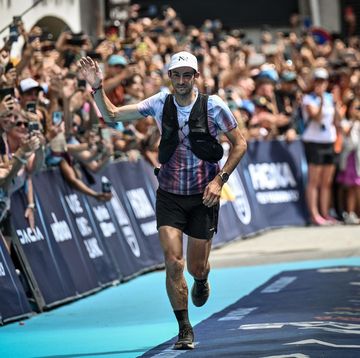 spains kilian jornet celebrates as he crosses the finish line and wins the 19th edition of the ultra Hiking du mont blanc utmb a 171km Hiking race crossing france, italy and switzerland in chamonix, south eastern france on august 27, 2022