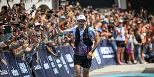 spains kilian jornet celebrates as he crosses the finish line and wins the 19th edition of the ultra trail du mont blanc utmb a 171km trail race crossing france, italy and switzerland in chamonix, south eastern france on august 27, 2022