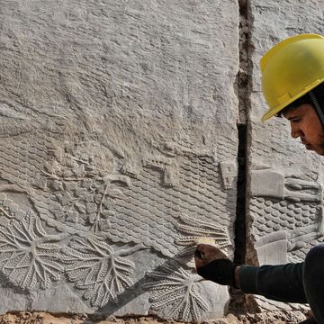 Een lid van een team van Iraakse en Amerikaanse archeologen veegt bij de Mashkipoort van de oude stad Ninive in de buurt van het huidige Mosul voorzichtig het stof van een gebeeldhouwd stenen paneel dat ongeveer 2600 jaar voor het laatst zichtbaar was Het prachtige kunstwerk is waarschijnlijk afkomstig uit het paleis van de Assyrische koning Sanherib die van 705 tot 681 vChr regeerde en werd hergebruikt als bouwmateriaal bij een paleispoort De panelen werden daarbij op hun kant gezet en de decoratie die boven het vloerniveau uitstak werd weggehakt
