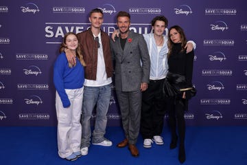 london, england november 01: (l to r) harper beckham, romeo beckham, david beckham, cruz beckham and victoria beckham attend exclusive screening event for the new disney+ original series “save our squad with david beckham” launching on 9th november at odeon luxe west end on november 1, 2022 in london, england. (photo by david m. benett/dave benett/getty images for disney+)
