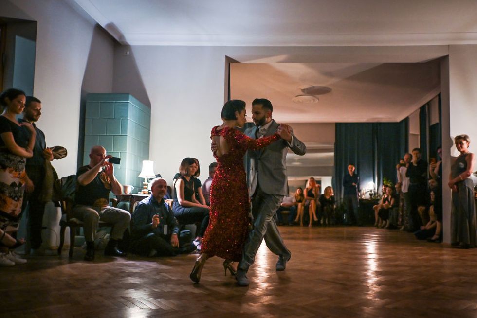 argentine tango dancers angi ordonez y nicolas sambucetti from buenos aires perform tango during a special show at the tango virri dance school in krakow on saturday, november 05, 2022, in krakow, lesser poland voivodeship, poland photo by artur widaknurphoto via getty images