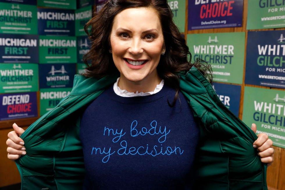 michigan state governor gretchen whitmer shows a my body my decision shirt at the 14th district democratic headquarters, during the us midterm election in detroit, michigan, on november 8, 2022 photo by jeff kowalsky afp photo by jeff kowalskyafp via getty images