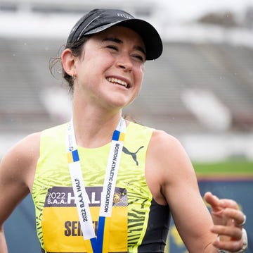 2022 Boston Half Marathon boston, ma november 13: molly seidel reacts after crossing the finish line during the 2022 b.a.a. half marathon on november 13, 2022 in boston, massachusetts. (photo by maddie malhotra/getty images)