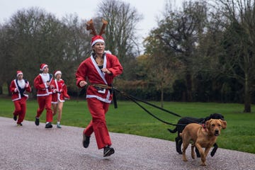 a fundraiser dressed as santa claus and wearing reindeer antlers runs alongside her dogs in the 2022 windsor santa dash on the long walk in windsor great park in aid of the alexander devine childrens hospice on 27 november 2022 in windsor, united kingdom the previous years event raised £30,000 for the local childrens hospice service which has given specialist care and support to hundreds of children with life limiting and life threatening conditions and their families since its foundation in 2007 photo by mark kerrisonin pictures via getty images