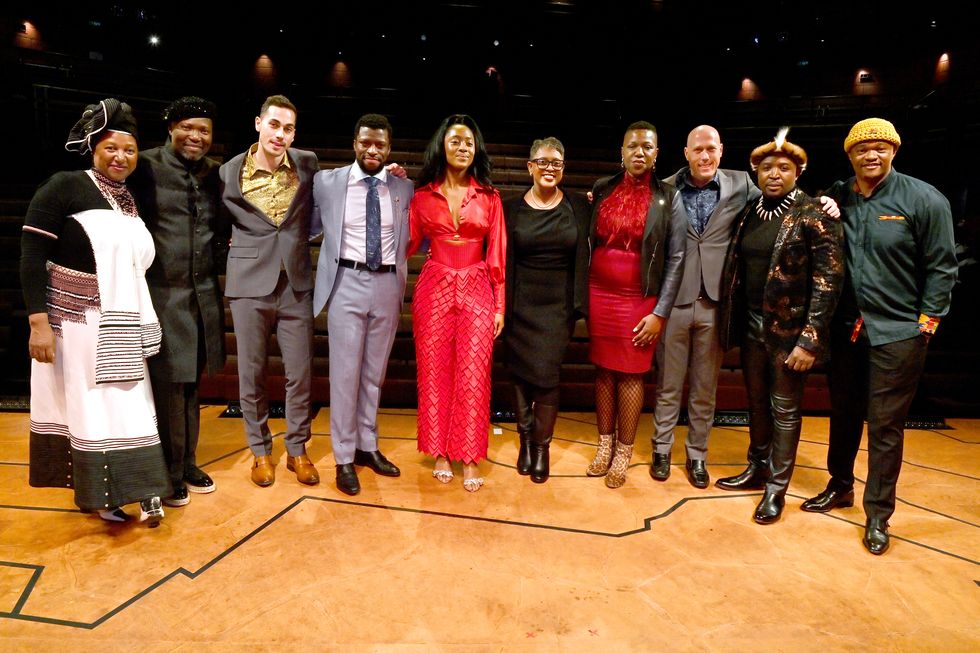 london, england december 08 l to r nandi mandela, gregory maqoma, greg borowsky, michael luwoye, danielle fiamanya, schele williams, laiona michelle, shaun borowsky, bongi duma and luvuyo madasa attend the press night after party for mandela at the young vic on december 8, 2022 in london, england photo by david m benettdave benettgetty images