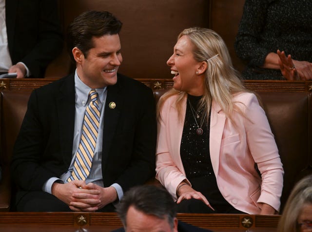 washington , dc january 5 rep elect matt gaetz, r fla speaks with rep elect marjorie taylor greene r ga as the house meets for a third day of voting and convenes the 118th congress, thursday, january 5, 2023, at the us capitol in washington dc photo by matt mcclainthe washington post via getty images