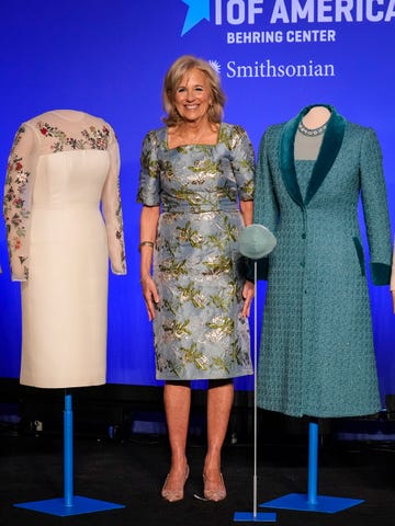 washington, dc january 25 first lady jill biden smiles during an event to present her inauguration day attire to the smithsonian's first ladies collection at the smithsonian national museum of american history on january 25, 2023 in washington, dc presenting the first lady's inauguration attire at the smithsonian is a tradition dating back to helen taft in 1912 photo by drew angerergetty images