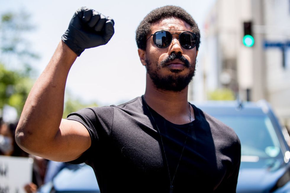 beverly hills, california   june 06 michael b jordan participates in the hollywood talent agencies march to support black lives matter protests on june 06, 2020 in beverly hills, california photo by rich furygetty images