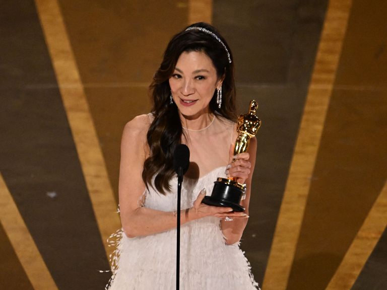 topshot malaysian actress michelle yeoh accepts the oscar for best actress in a leading role for everything everywhere all at once onstage during the 95th annual academy awards at the dolby theatre in hollywood, california on march 12, 2023 photo by patrick t fallon afp photo by patrick t fallonafp via getty images