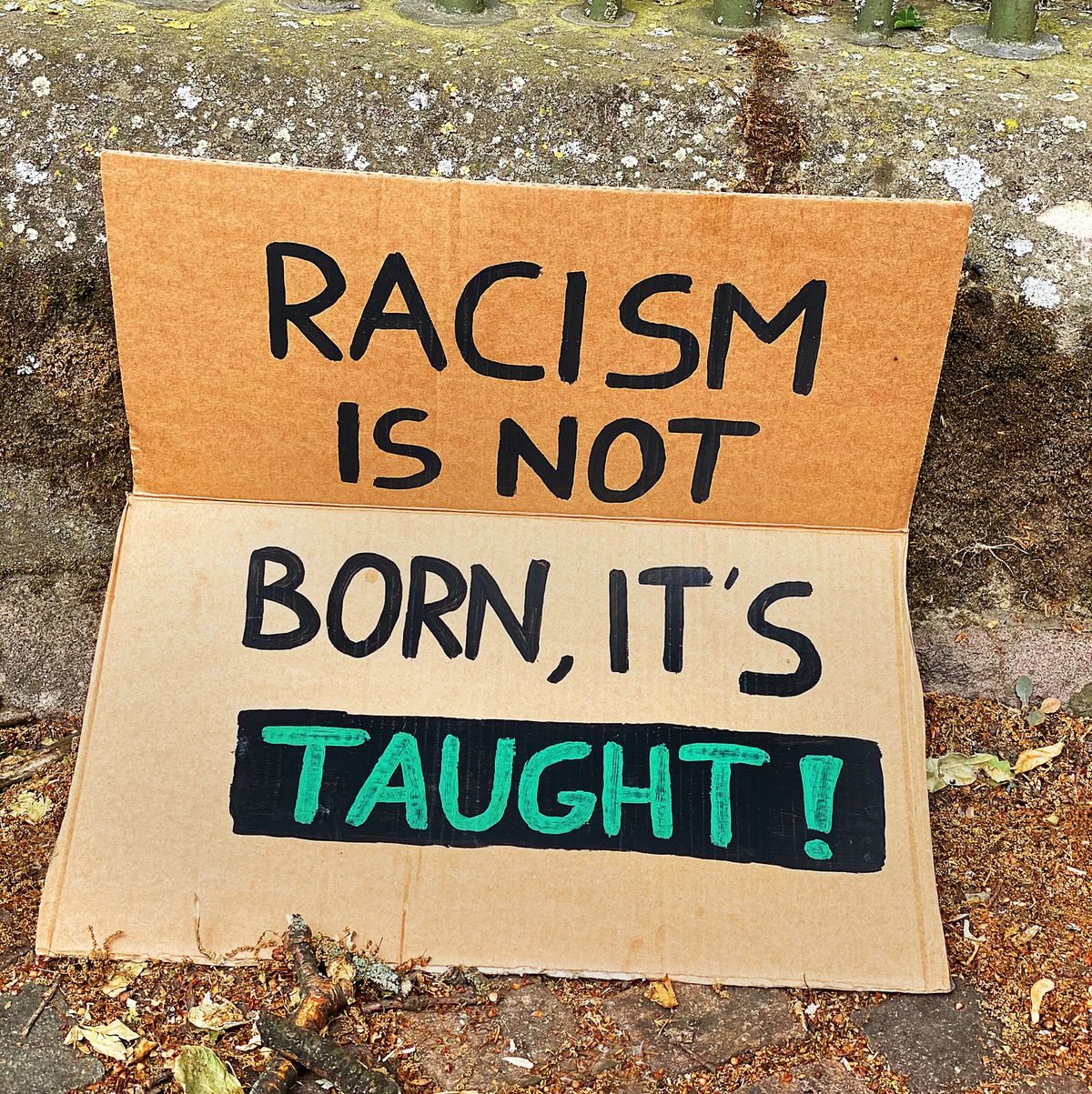 sign that reads racism is not born, it's taught