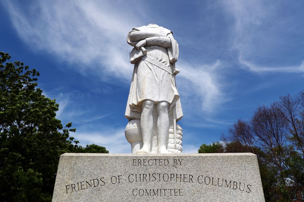 boston, massachusetts   june 10 a statue depicting christopher columbus is seen with its head removed at christopher columbus waterfront park on june 10, 2020 in boston, massachusetts the statue was beheaded overnight and is scheduled to be removed by the city of boston photo by tim bradburygetty images