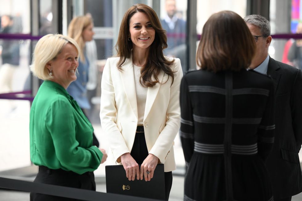 london, england march 21 catherine, princess of wales, is greeted as she arrives at the inaugural meeting of new business taskforce for early childhood at international hq of natwest and rbs on march 21, 2023 in london, england photo by daniel leal wpa poolgetty images
