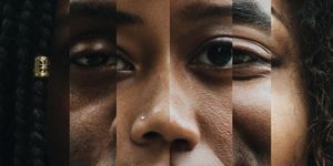 a montage blend of african american faces close up, both men and women with different shades and colors in skin tone  melanin beauty