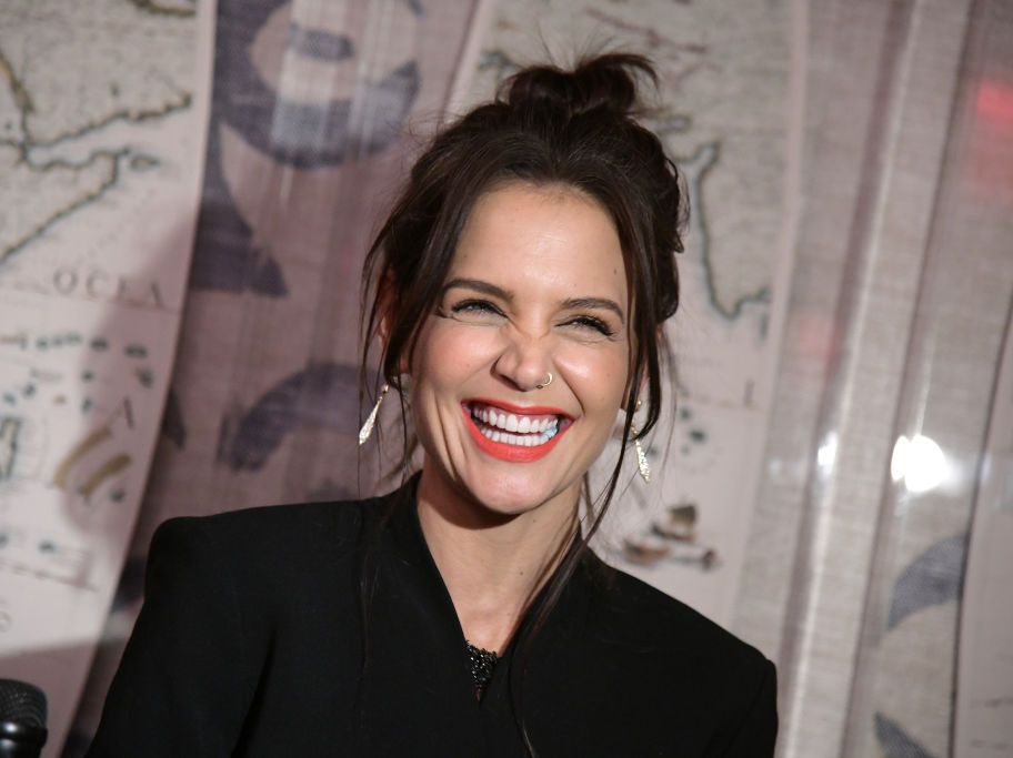 Katie Holmes Is Chic in a Shimmering Black Dress with Red Fringe