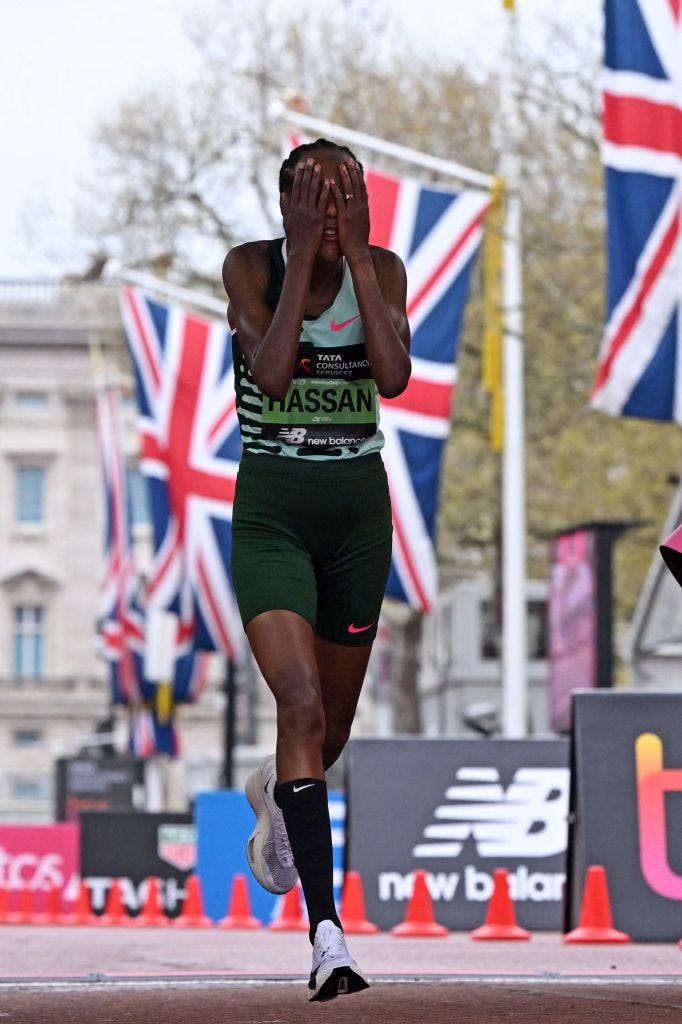 netherlands sifan hassan reacts after winning the womens race at the finish of the 2023 london marathon in central london on april 23, 2023 photo by justin tallis afp restricted to editorial use sponsorship of content subject to lmel agreement photo by justin tallisafp via getty images