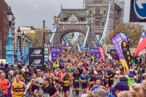 london, united kingdom 20230423 thousands of runners pass across tower bridge during london marathon 2023 photo by vuk valcicsopa imageslightrocket via getty images