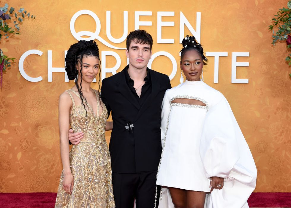 india ria amarteifio, corey mylchreest and arsema thomas at the premiere of queen charlotte a bridgerton story held at regency village theatre on april 26, 2023 in los angeles, california photo by gilbert floresvariety via getty images