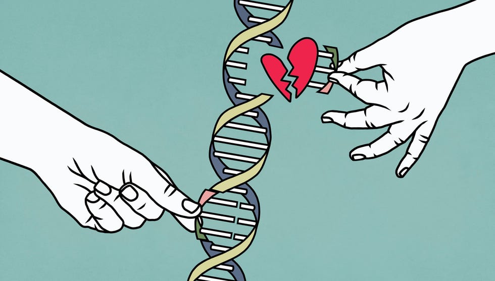 hands interacting with a dna strand featuring a broken heart graphic