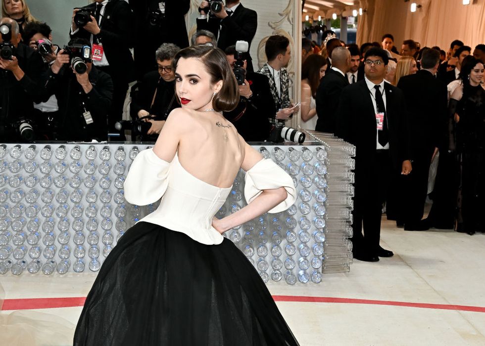 lily collins at the 2023 met gala karl lagerfeld a line of beauty held at the metropolitan museum of art on may 1, 2023 in new york, new york photo by michael bucknervariety via getty images