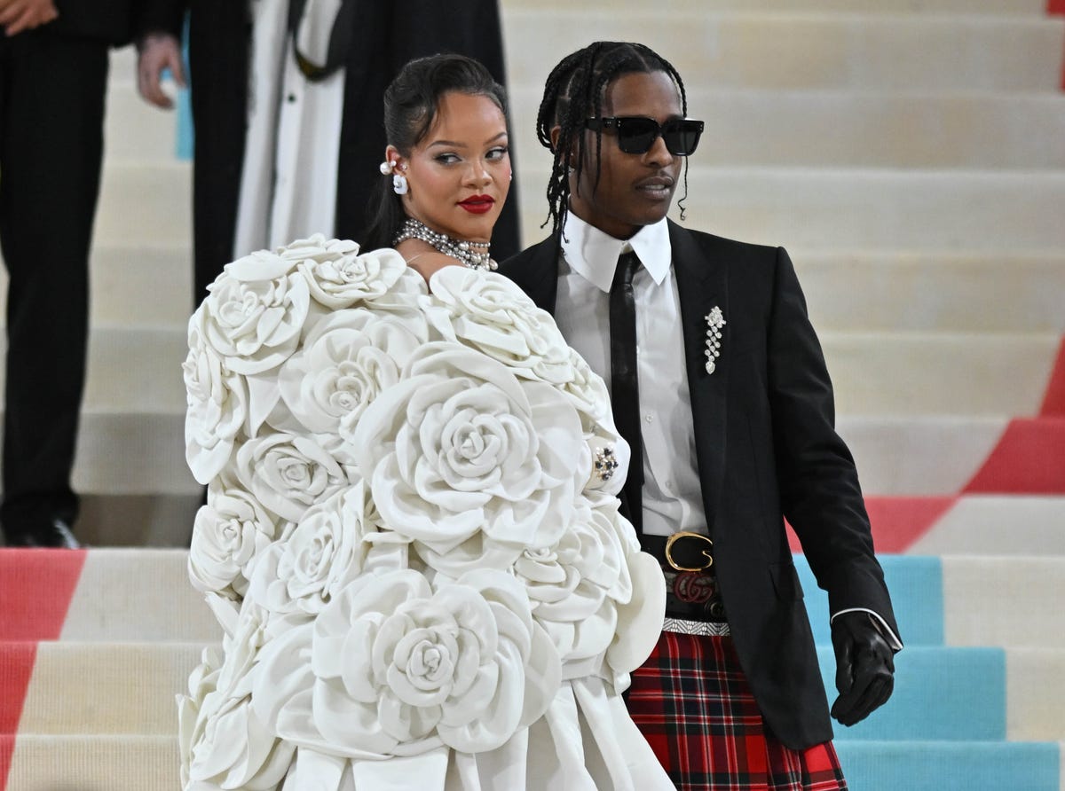 new york, ny may 1 asap rocky and rihanna are seen at the 2023 met gala celebrating karl lagerfeld a line of beauty at the metropolitan museum of arton may 1, 2023 in new york city photo by ndzstar maxgc images