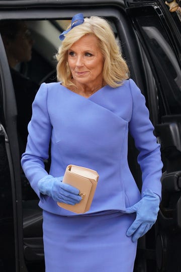first lady of the united states, dr jill biden arriving ahead of the coronation ceremony of king charles iii and queen camilla at westminster abbey, central london picture date saturday may 6, 2023 photo by jacob kingpa images via getty images