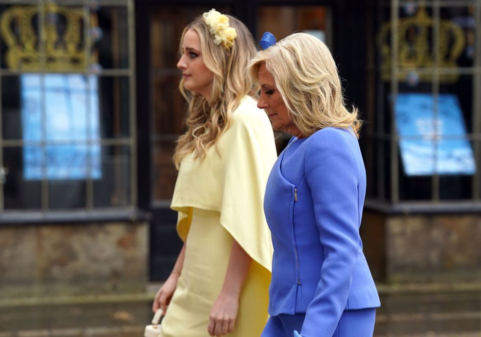 london, england may 06 us first lady jill biden and her granddaughter finnegan biden arrive at westminster abbey ahead of the coronation of king charles iii and queen camilla on may 6, 2023 in london, england the coronation of charles iii and his wife, camilla, as king and queen of the united kingdom of great britain and northern ireland, and the other commonwealth realms takes place at westminster abbey today charles acceded to the throne on 8 september 2022, upon the death of his mother, elizabeth ii photo by andrew milligan wpa poolgetty images