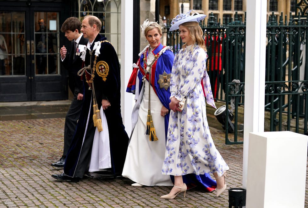 london, england may 06 prince edward, duke and sophie, duchess of edinburgh arriving with lady louise windsor right and the earl of wessex left at the coronation of king charles iii and queen camilla on may 6, 2023 in london, england the coronation of charles iii and his wife, camilla, as king and queen of the united kingdom of great britain and northern ireland, and the other commonwealth realms takes place at westminster abbey today charles acceded to the throne on 8 september 2022, upon the death of his mother, elizabeth ii photo by andrew milligan wpa poolgetty images