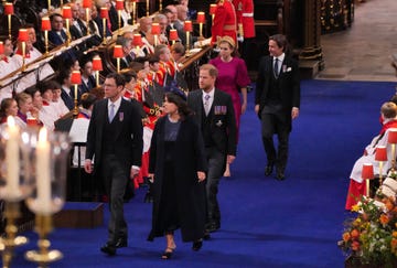 london, england may 06 princess eugenie and jack brooksbank front, harry, duke of sussex c and princess beatrice and edoardo mapelli mozzi arrive to attend the coronation of king charles iii and queen camilla on may 6, 2023 in london, england the coronation of charles iii and his wife, camilla, as king and queen of the united kingdom of great britain and northern ireland, and the other commonwealth realms takes place at westminster abbey today charles acceded to the throne on 8 september 2022, upon the death of his mother, elizabeth ii photo by aaron chown wpa poolgetty images