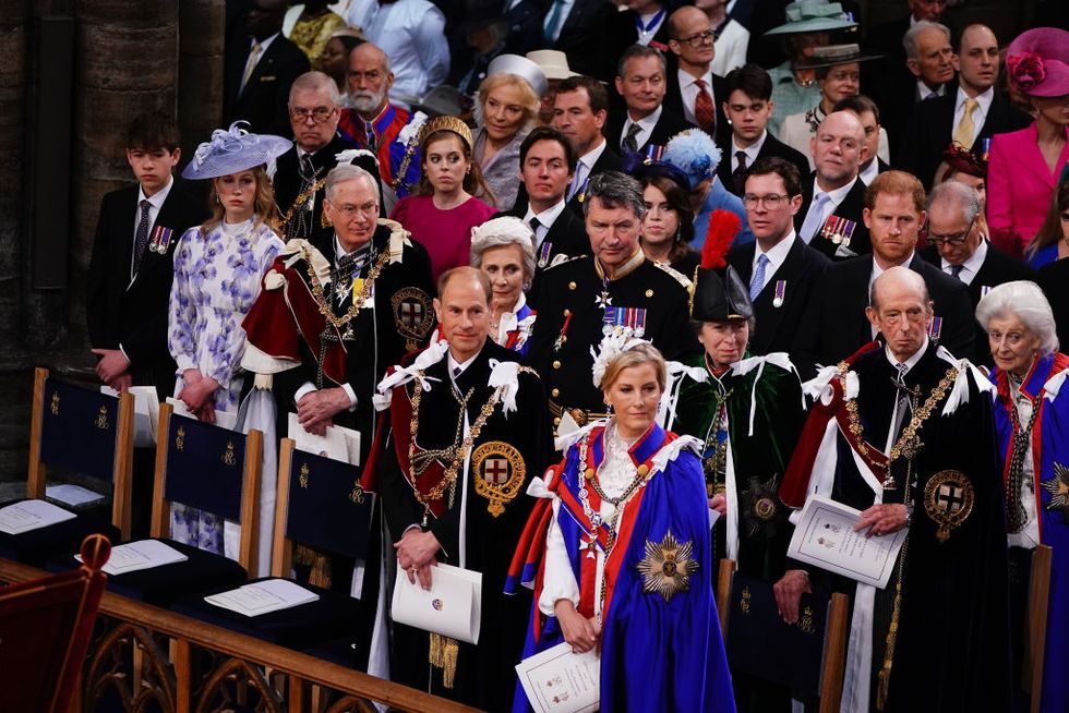london, england may 06 l r 3rd and 4th row prince andrew, duke of york, princess beatrice, edoardo mapelli mozzi, peter phillips, zara tindall, princess eugenie, jack brooksbank, mike tindall and prince harry, duke of sussex, l r 2nd row james mountbatten windsor, earl of wessex, lady louise windsor, prince richard, duke of gloucester, birgitte, duchess of gloucester, princess anne, princess royal, vice admiral sir tim laurence, prince michael of kent, princess michael of kent, 1st row prince edward, duke of edinburgh and sophie, duchess of edinburgh attend the coronation of king charles iii and queen camilla on may 6, 2023 in london, england the coronation of charles iii and his wife, camilla, as king and queen of the united kingdom of great britain and northern ireland, and the other commonwealth realms takes place at westminster abbey today charles acceded to the throne on 8 september 2022, upon the death of his mother, elizabeth ii photo by yui mok wpa poolgetty images