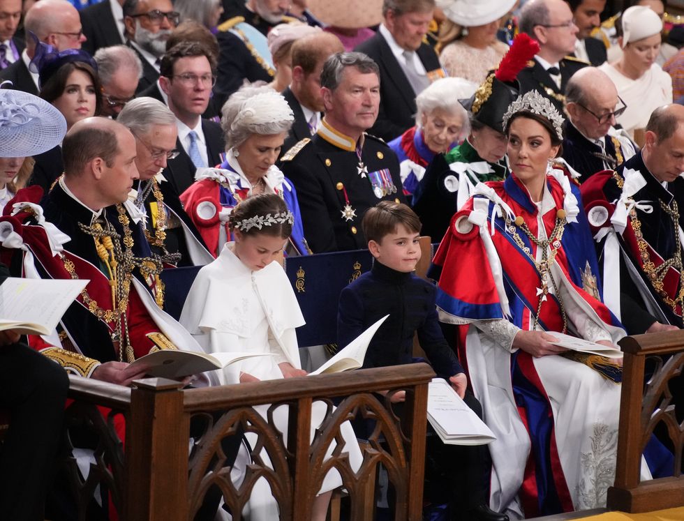 left to right the prince of wales, princess charlotte, prince louis and the princess of wales at the coronation ceremony of king charles iii and queen camilla in westminster abbey, london picture date saturday may 6, 2023 pa photo see pa story royal coronation photo credit should read victoria jonespa wire