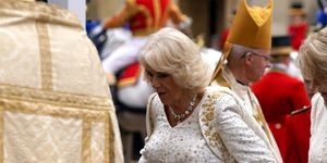 queen camilla arriving at westminster abbey, london, for the coronation ceremonypicture date saturday may 6, 2023 pa photo see pa story royal coronation photo credit should read andrew milliganpa wire