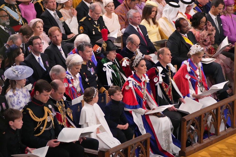 london, england may 06 front row 3rd left to right the prince of wales, princess charlotte, prince louis, princess of wales, the duke and duchess of edinburgh with the duke of sussex 3rd row 4th right at the coronation ceremony of king charles iii and queen camilla on may 6, 2023 in london, england the coronation of charles iii and his wife, camilla, as king and queen of the united kingdom of great britain and northern ireland, and the other commonwealth realms takes place at westminster abbey today charles acceded to the throne on 8 september 2022, upon the death of his mother, elizabeth ii photo by aaron chown wpa poolgetty images