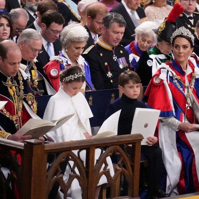 BRITAIN-ROYALS-CORONATION from l britains prince william, prince of wales, princess charlotte, prince louis and britains catherine, princess of wales attend the coronations of britains king charles iii and britains camilla, queen consort at westminster abbey in central london on may 6, 2023 the set piece coronation is the first in britain in 70 years, and only the second in history to be televised charles will be the 40th reigning monarch to be crowned at the central london church since king william i in 1066 outside the uk, he is also king of 14 other commonwealth countries, including australia, canada and new zealand camilla, his second wife, will be crowned queen alongside him, and be known as queen camilla after the ceremony photo by victoria jones pool afp photo by victoria jonespoolafp via getty images