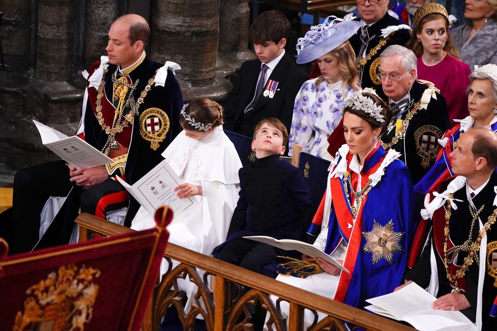 left to right 1st row the prince of wales, princess charlotte, prince louis, the princess of wales and the duke of edinburgh at the coronation ceremony of king charles iii and queen camilla in westminster abbey, london picture date saturday may 6, 2023 pa photo see pa story royal coronation photo credit should read yui mokpa wire