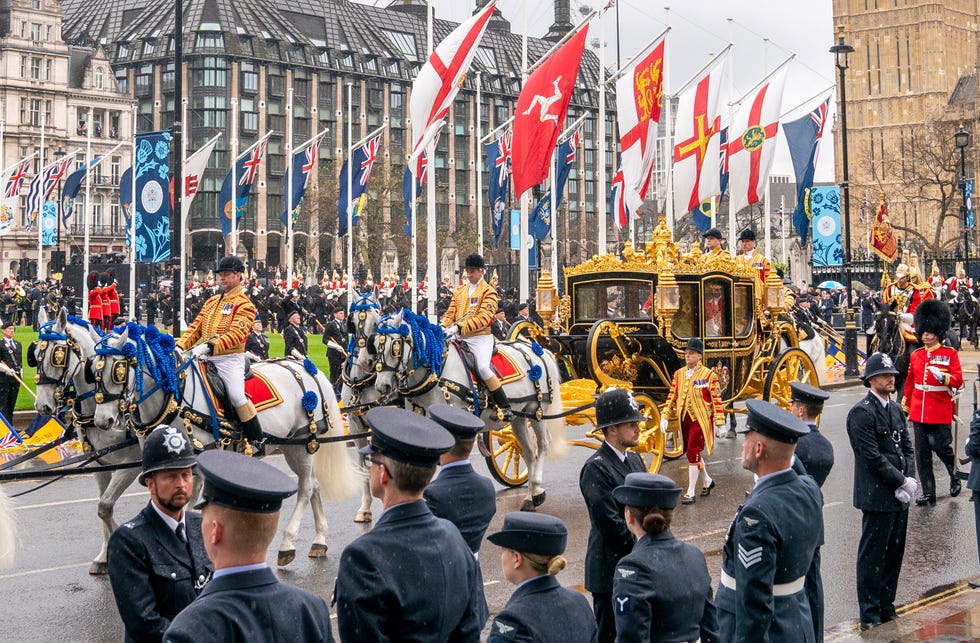 london, england may 06 king charles iii and camilla, queen consort are carried in the diamond jubilee state coach as the kings procession passes parliament square ahead of the coronation at westminster abbey on may 6, 2023 in london, england the coronation of charles iii and his wife, camilla, as king and queen of the united kingdom of great britain and northern ireland, and the other commonwealth realms takes place at westminster abbey today charles acceded to the throne on 8 september 2022, upon the death of his mother, elizabeth ii photo by jane barlow wpa poolgetty images