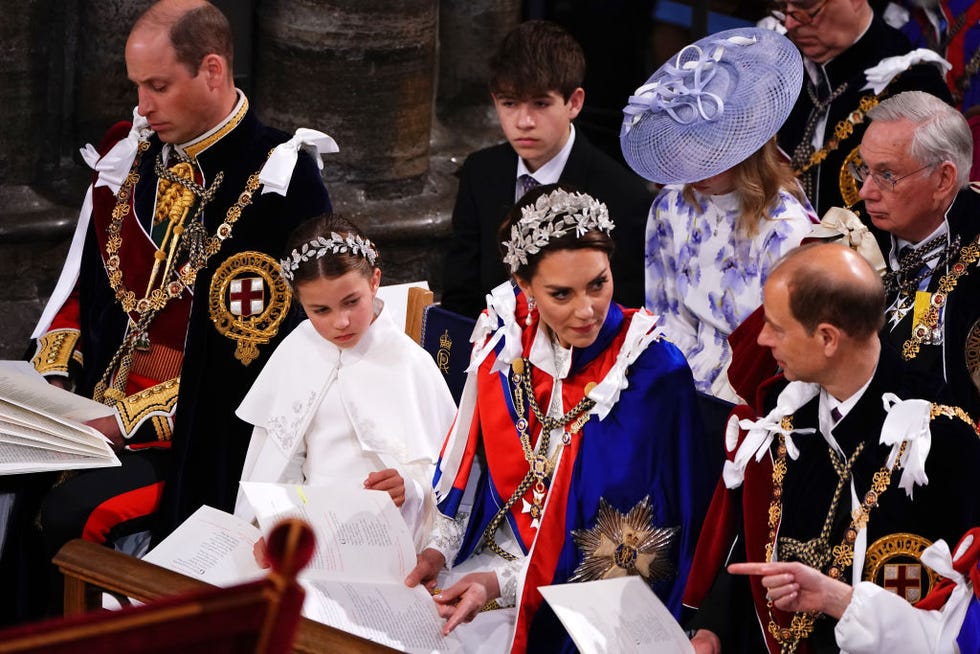 london, england may 06 left to right 1st row the prince of wales, princess charlotte, the princess of wales, and the duke of edinburgh during the coronation of king charles iii and queen camilla on may 6, 2023 in london, england the coronation of charles iii and his wife, camilla, as king and queen of the united kingdom of great britain and northern ireland, and the other commonwealth realms takes place at westminster abbey today charles acceded to the throne on 8 september 2022, upon the death of his mother, elizabeth ii photo by yui mok wpa poolgetty images