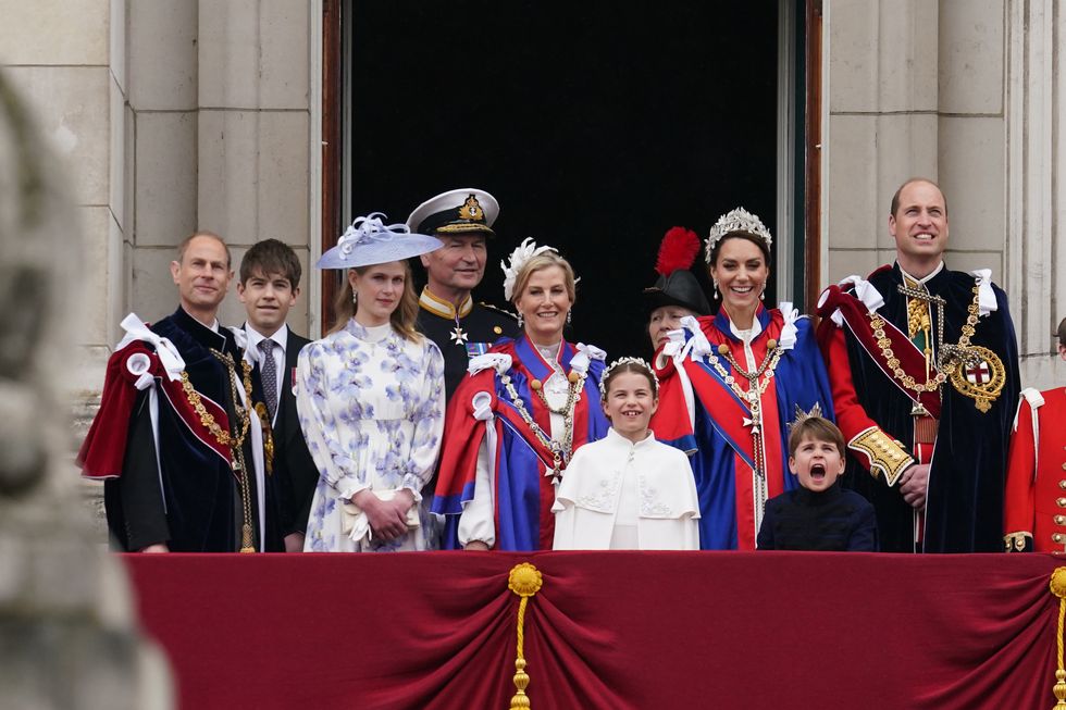 left to right the duke of edinburgh, the earl of wessex, lady louise windsor, vice admiral sir tim laurence ,the duchess of edinburgh, the princess royal, princess charlotte, the princess of wales, prince louis, the prince of wales on the balcony of buckingham palace, london, to view a flypast by aircraft from the royal navy, army air corps and royal air force including the red arrows, following the coronation picture date saturday may 6, 2023 photo by owen humphreyspa images via getty images