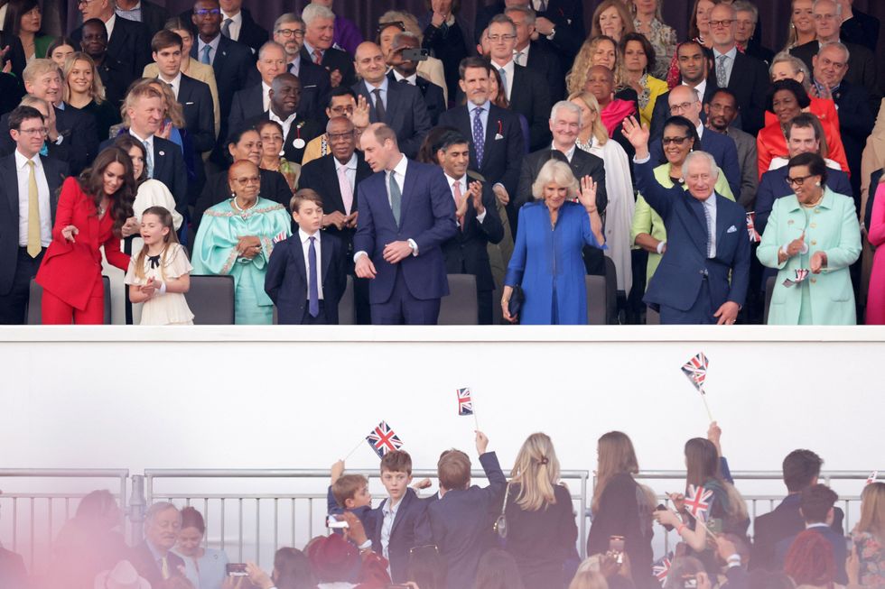 Britain's Princess Catherine, Princess of Wales, Princess Charlotte of Wales, Prince George of Wales, Britain's Prince William, Prince of Wales, Britain's Prime Minister Rishi Sunak, Britain's Queen Camilla, Britain's Queen Camilla and Britain's King Charles are waiting in the box.  A spectacular live concert will take place on the East Terrace of Windsor Castle for the first time in Windsor, west London, on May 7, 2023, inside the grounds of Windsor Castle before the Coronation Concert.  Around 20,000 people from across the UK will attend the event.