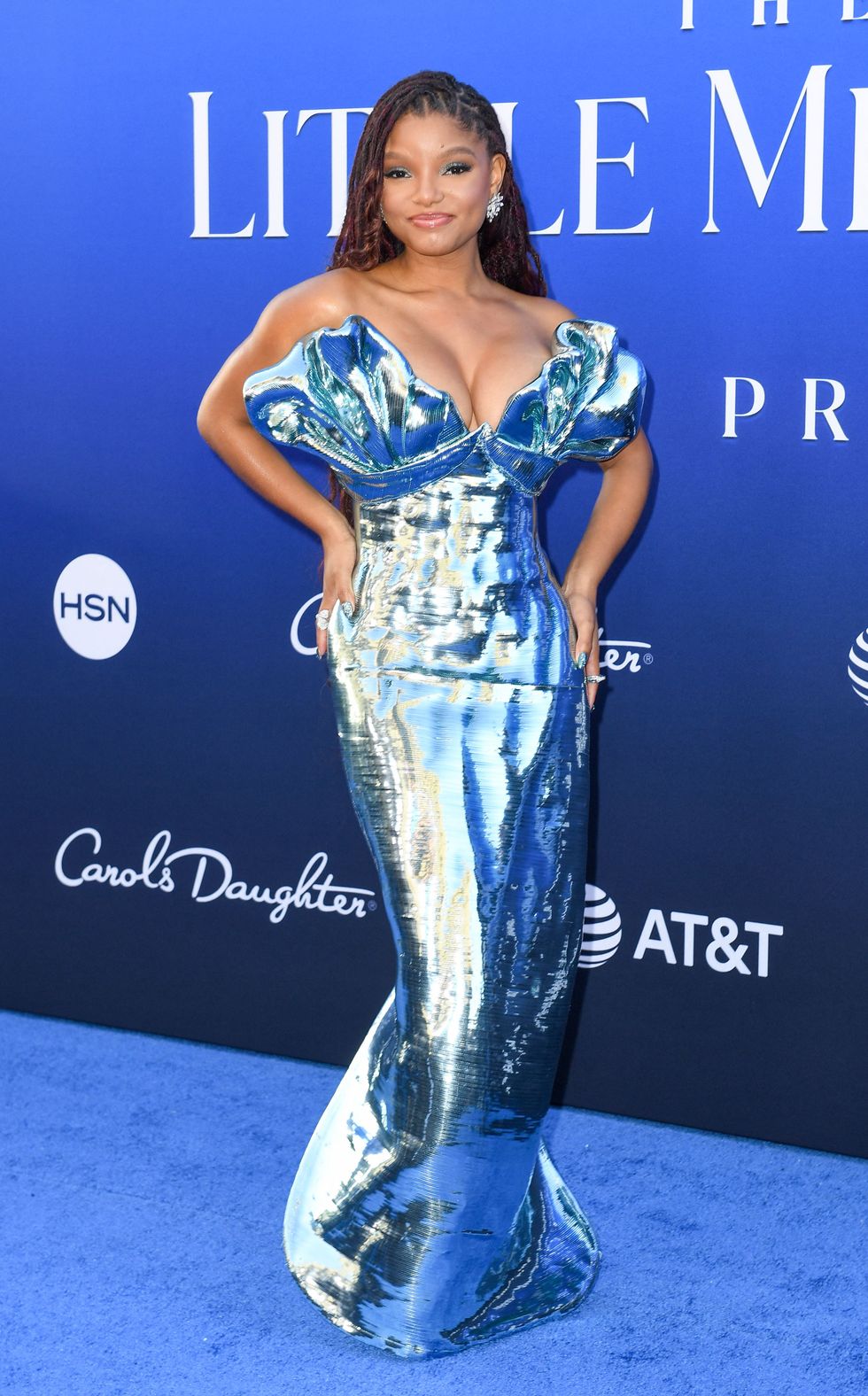 Halle Bailey Wears Molten Blue Gown to 'Little Mermaid' Premiere