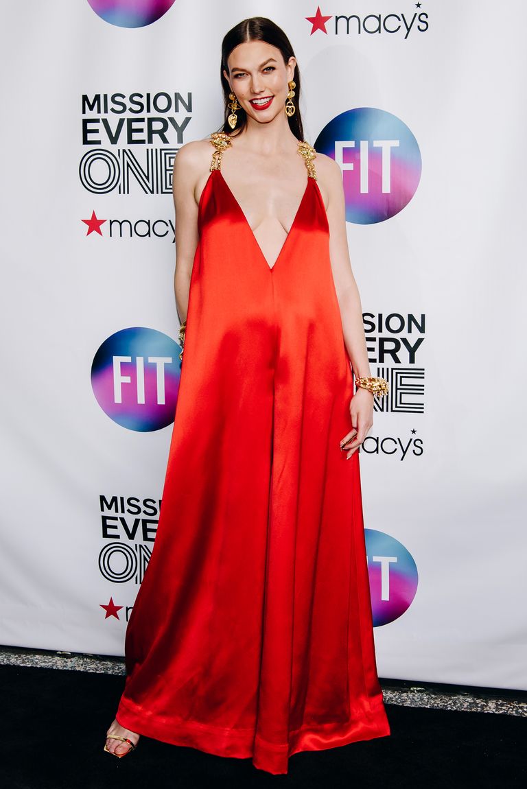 Karlie Kloss Shows Off Her Baby Bump in a Plunging Red Jumpsuit