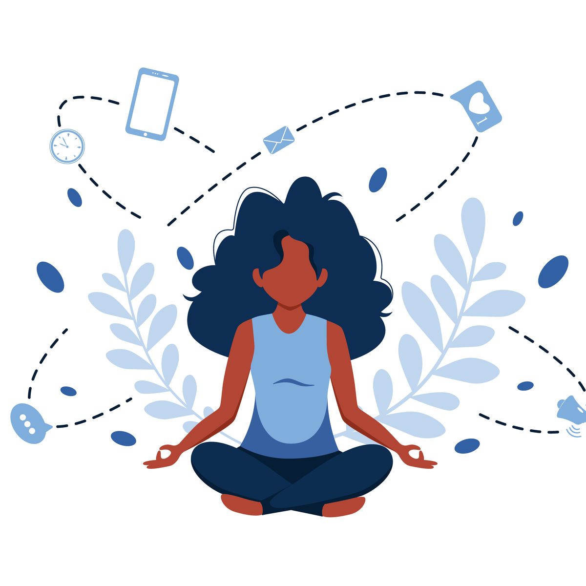 illustrated woman meditating with cell phones orbiting her head