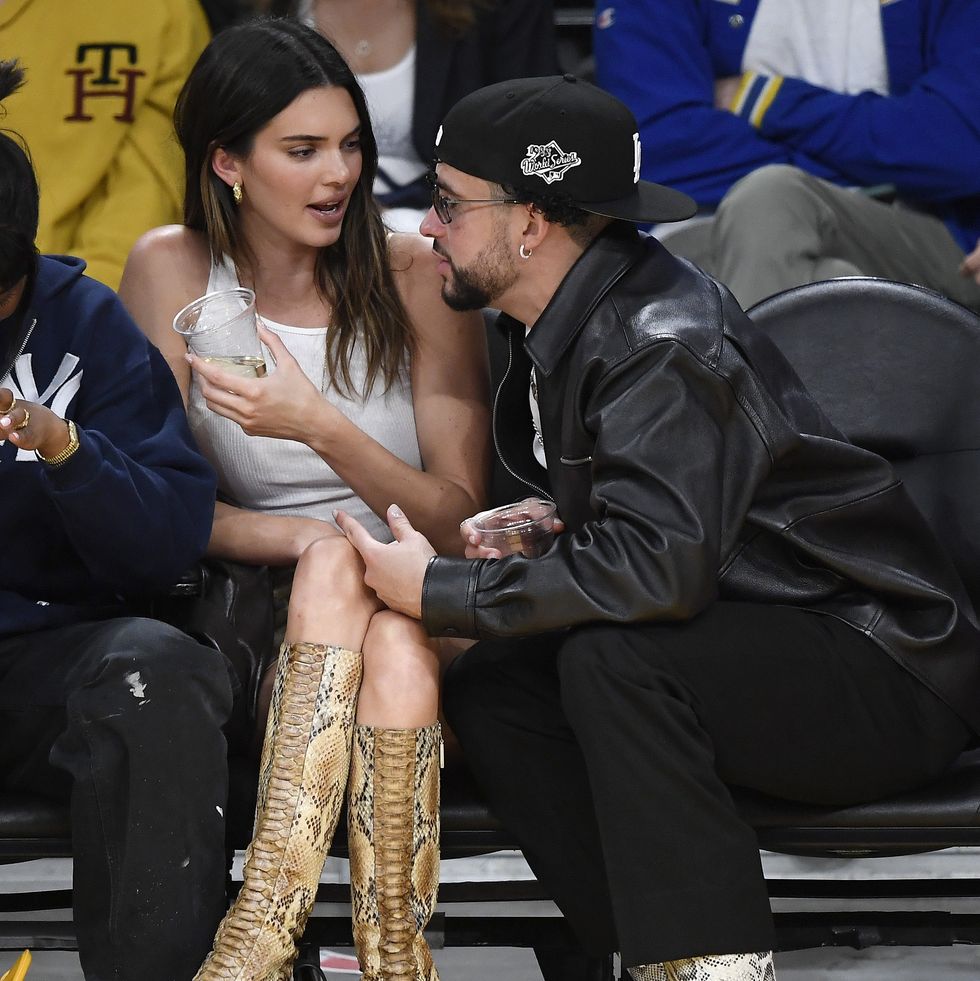 los angeles, california may 12 kendall jenner and bad bunny attend the western conference semifinal playoff game between the los angeles lakers and golden state warriors at cryptocom arena on may 12, 2023 in los angeles, california photo by kevork djanseziangetty images