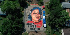 annapolis, maryland   july 05 in an aerial view from a drone, a large scale ground mural depicting breonna taylor with the text black lives matter is seen being painted at chambers park on july 5, 2020 in annapolis, maryland the mural was organized by future history now in partnership with banneker douglass museum and the maryland commission on african american history and culture the painting honors breonna taylor, who was shot and killed by members of the louisville metro police department in march 2020 photo by patrick smithgetty images